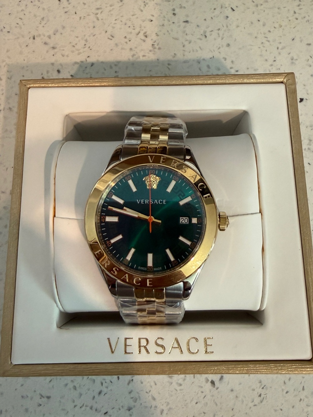 Versace Men's Gold & Silver Bracelet Watch with Emerald Green Dial